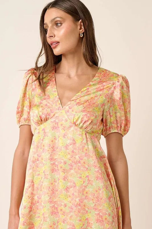 Mittoshop Printed V-Neck Puff Sleeve Mini Dress - Brittney MADE
