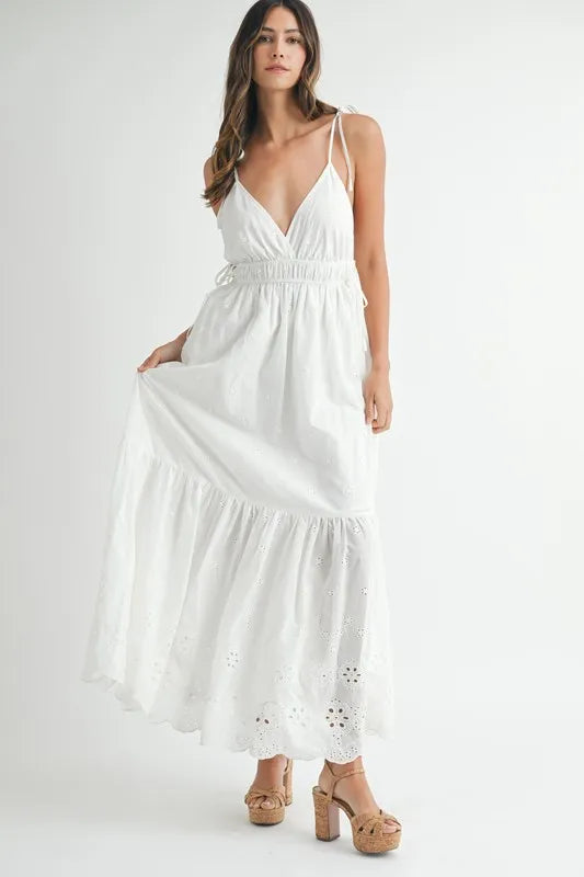 MABLE Eyelet Lace Maxi Dress with Side Strap Details - Brittney MADE