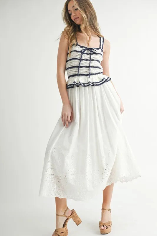 MABLE Crochet Stripe Knit Eyelet Mix Midi Dress - Brittney MADE
