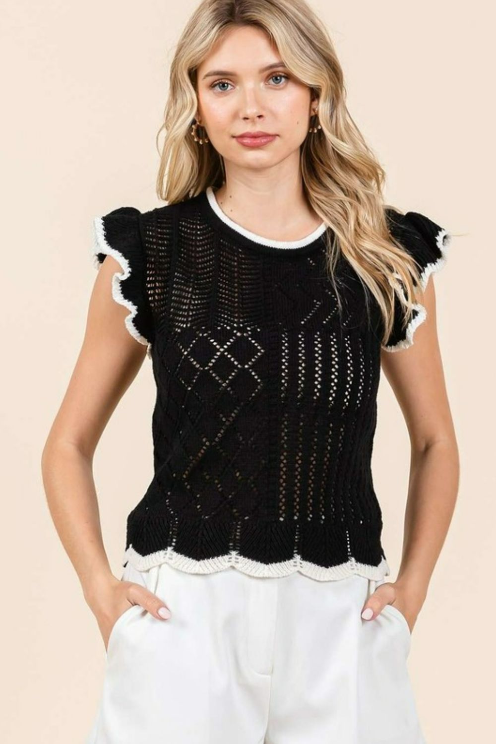 Mittoshop Openwork Contrast Trim Ruffled Cap Sleeve Knit Top - Brittney MADE