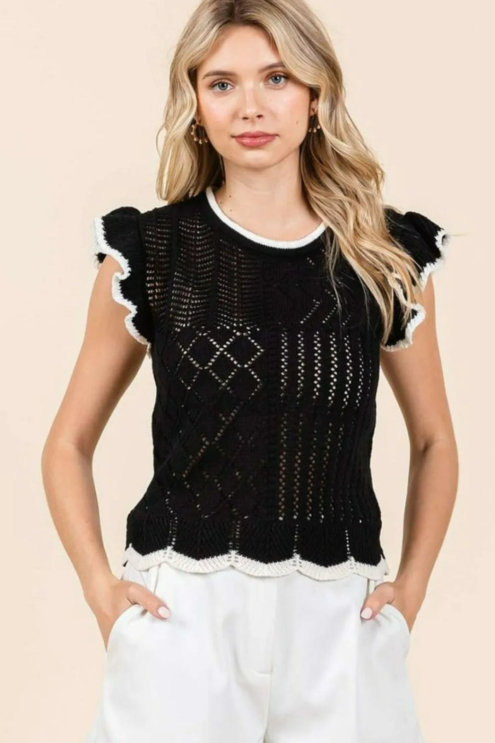 Mittoshop Openwork Contrast Trim Ruffled Cap Sleeve Knit Top - Brittney MADE