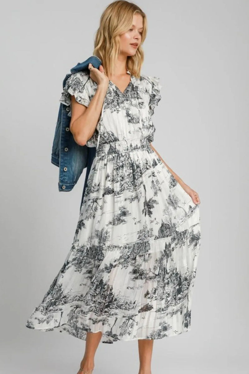 Umgee Full Size Two Tone Landscape Print Midi Dress Plus Size - Brittney MADE
