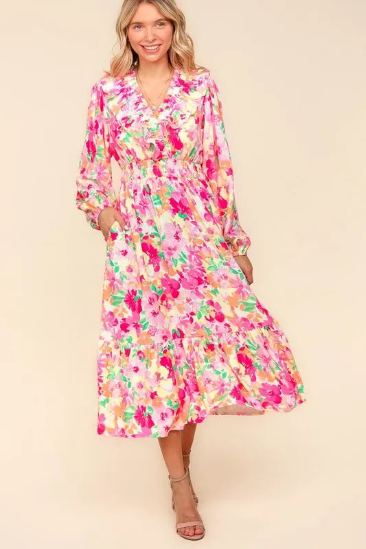 Haptics Full Size Floral Surplice Balloon Sleeve Dress with Side Pockets - Brittney MADE