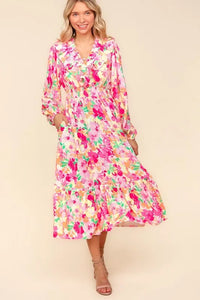 Haptics Full Size Floral Surplice Balloon Sleeve Dress with Side Pockets - Brittney MADE
