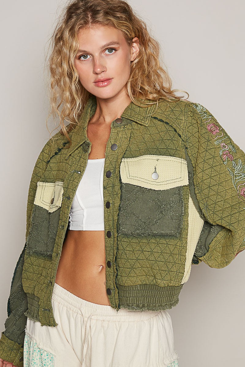 POL Embroidered Sleeve Raw Edge Quilted Jacket - Brittney MADE