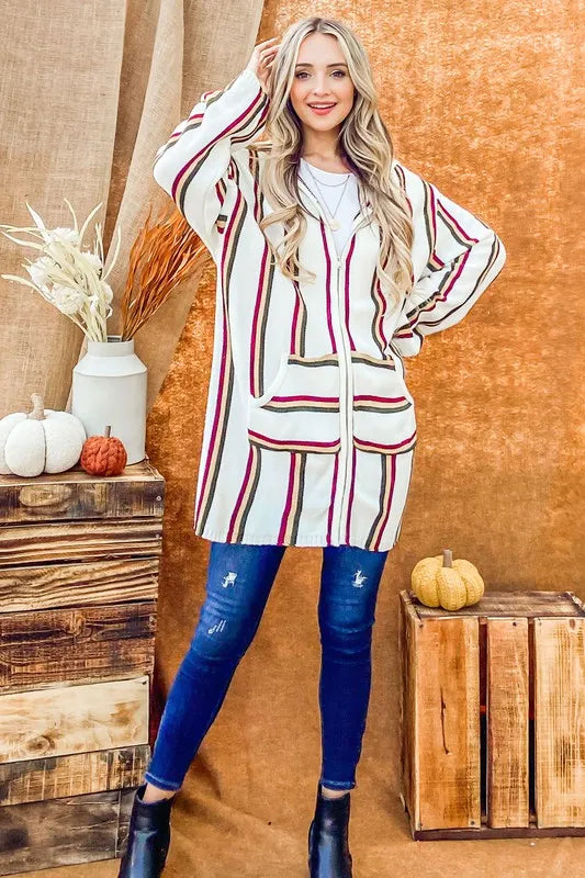 And The Why Rainbow Stripe Zipper Up Cardigan with Hood - Brittney MADE