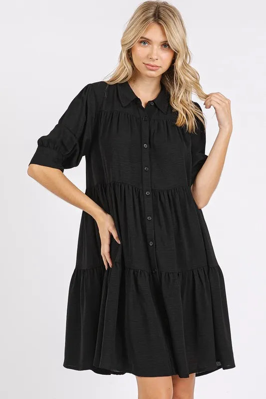 Mittoshop Button Detail Collared Neck Tiered Shirt Dress - Brittney MADE
