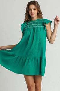 Umgee Full Size Smocked Contrast Stitching Ruffle Cap Sleeve Round Neck Dress Plus Size - Brittney MADE