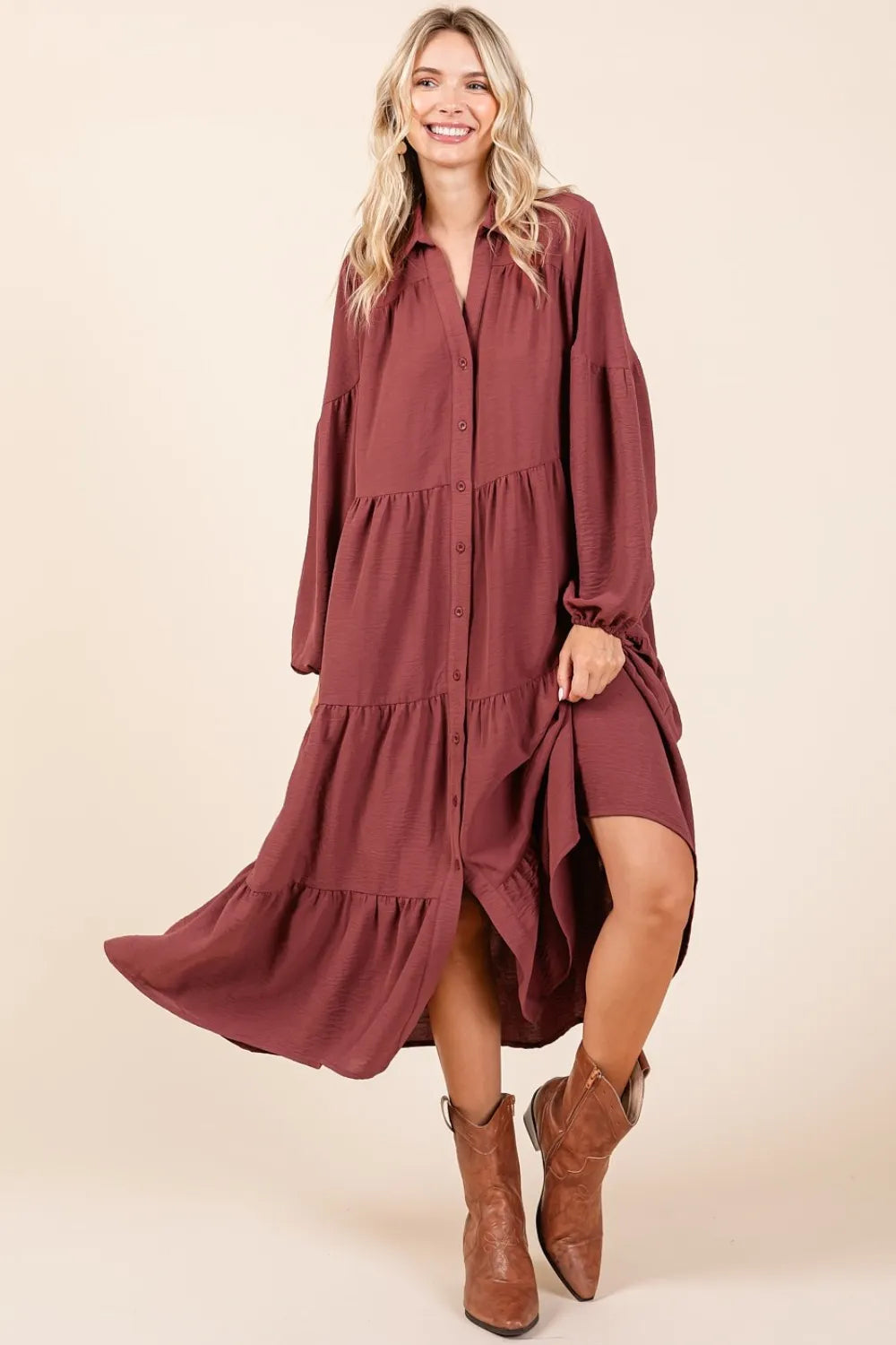 Mittoshop Tiered Button Down Long Sleeve Midi Dress - Brittney MADE