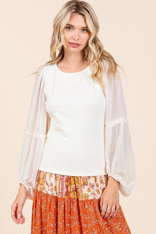 Mittoshop Mixed Media Textured Knit Chiffon Long Sleeve Top - Brittney MADE