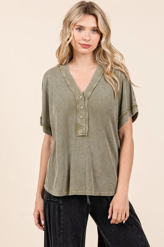 Mittoshop Mineral Wash Henley Short Sleeve Waffle Knit Top - Brittney MADE