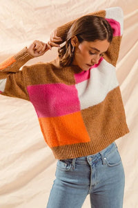 SO ME Multi Color Block Checkered Sweater Top - Brittney MADE