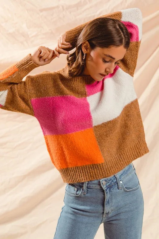 SO ME Multi Color Block Checkered Sweater Top - Brittney MADE