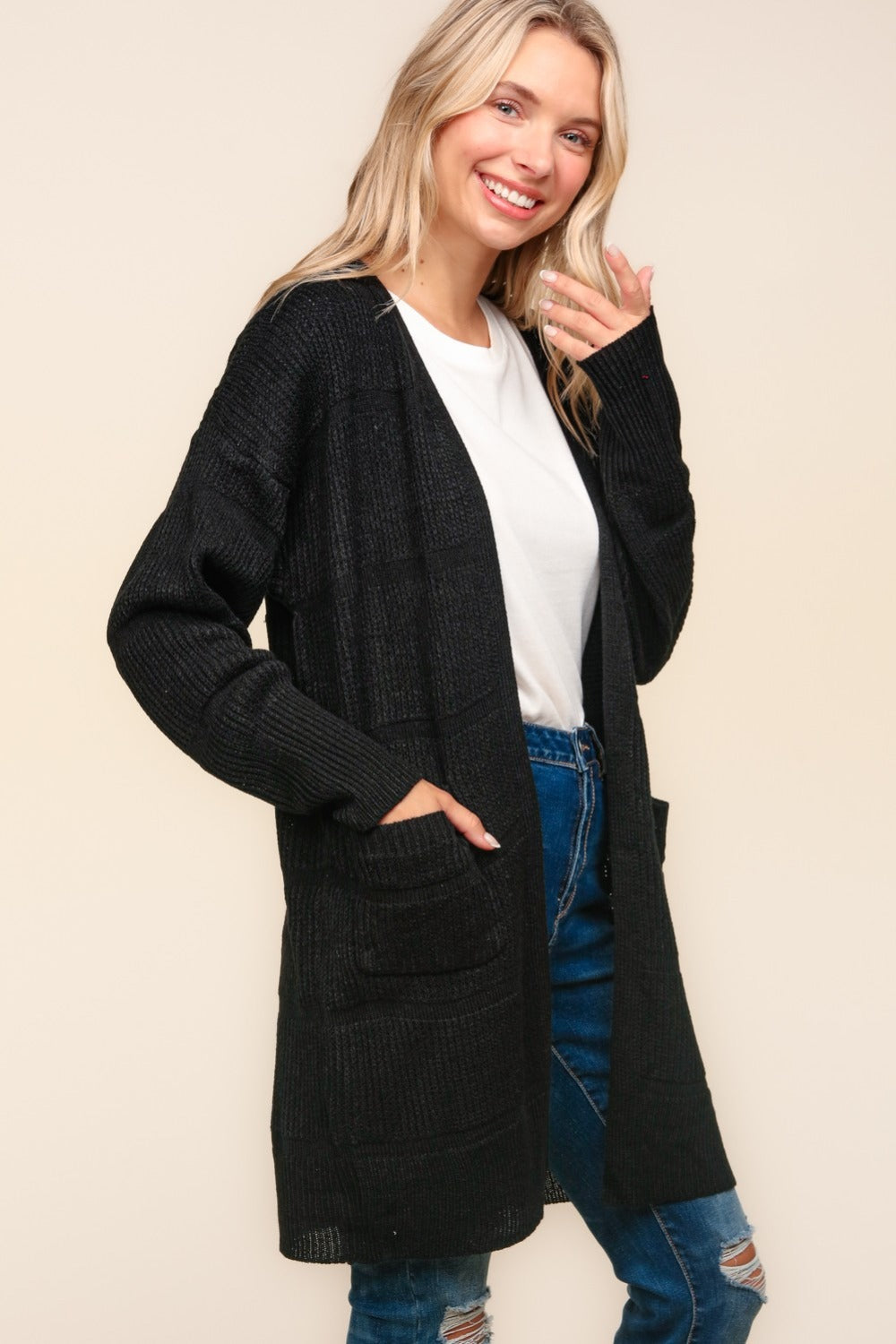 Haptics Stripe Textured Open Front Cardigan with Pockets - Brittney MADE