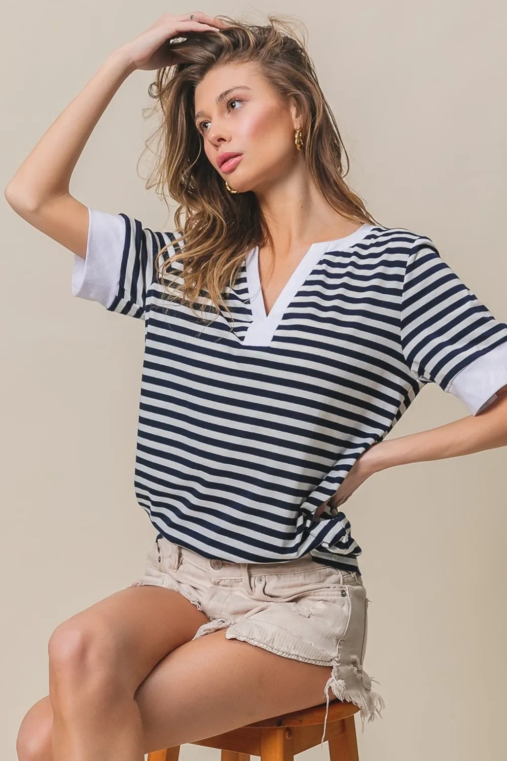 BiBi Contrast Striped Notched Knit Top - Brittney MADE