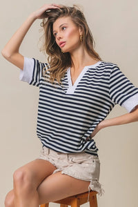 BiBi Contrast Striped Notched Knit Top - Brittney MADE