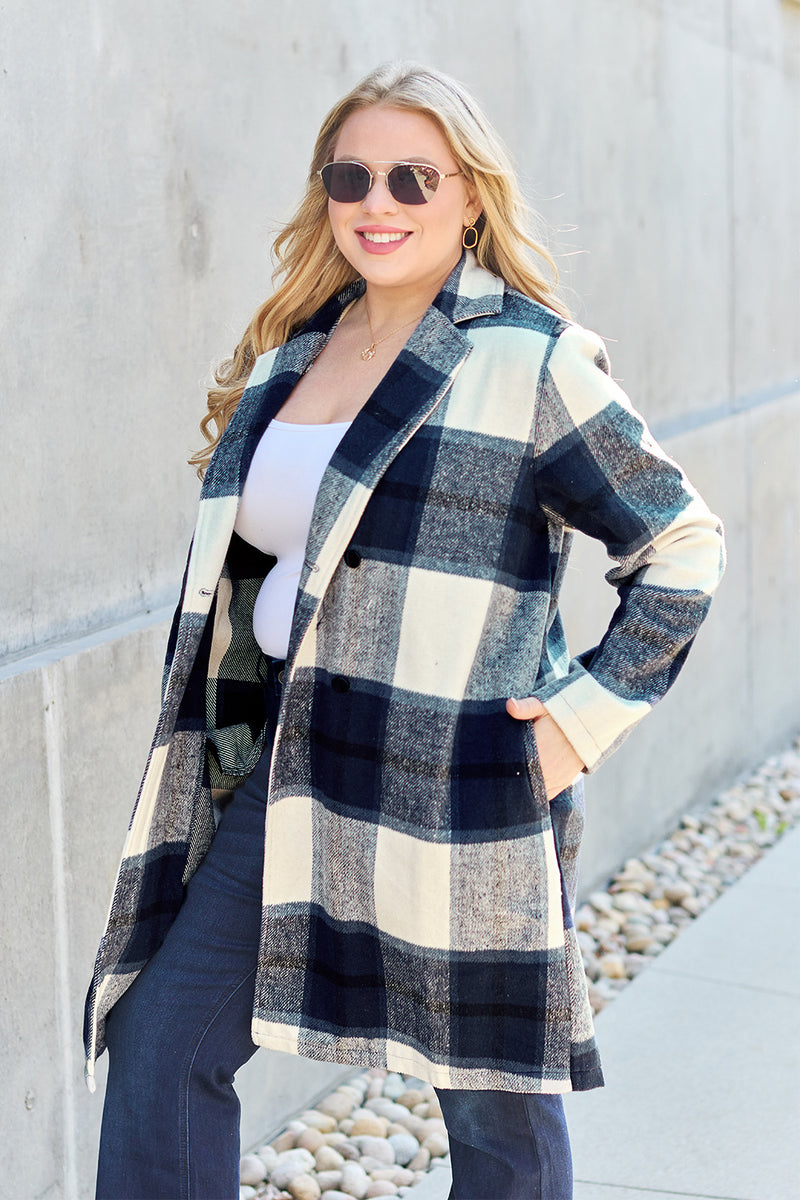 Double Take Full Size Plaid Button Up Lapel Collar Coat - Brittney MADE