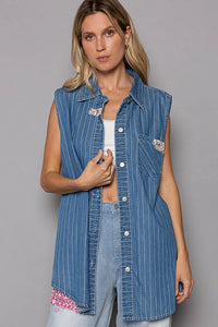 POL Button Down Sleeveless Striped Denim Shirt - Brittney MADE
