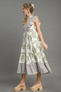 Umgee Full Size Mixed Print Ruffle Cap Sleeve Midi Dress Plus Size - Brittney MADE