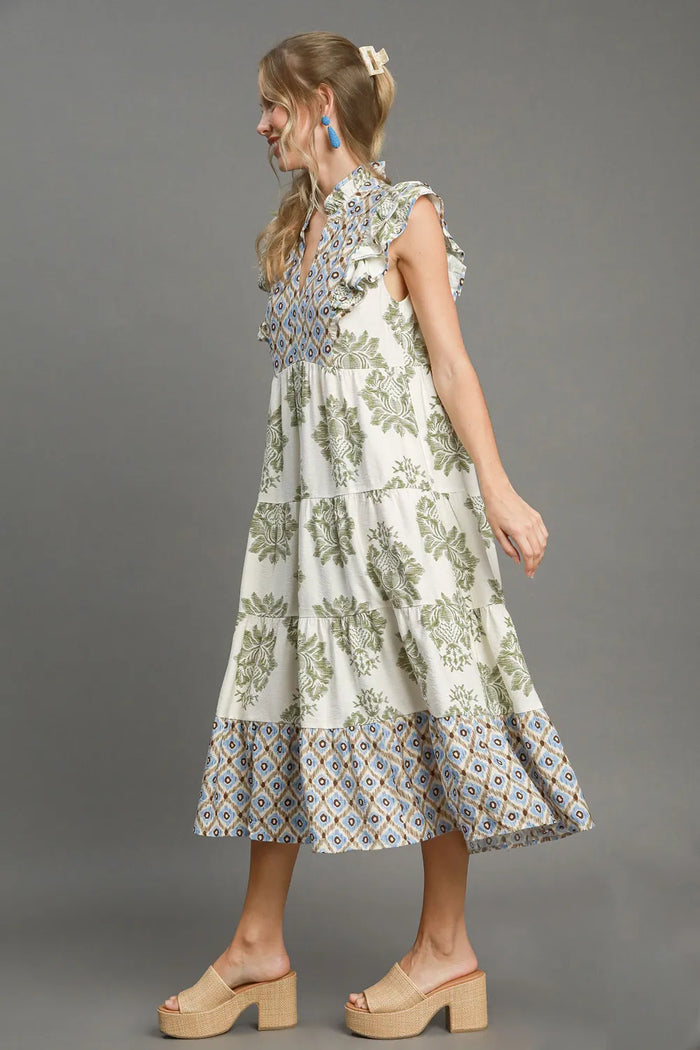 Umgee Full Size Mixed Print Ruffle Cap Sleeve Midi Dress Plus Size - Brittney MADE
