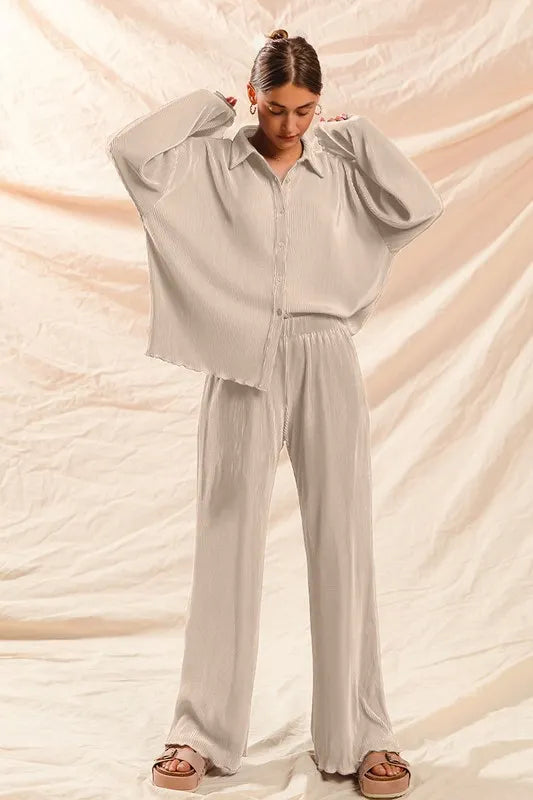 SO ME Pleated Shirt and Pants Set with Wavy Edge Details - Brittney MADE