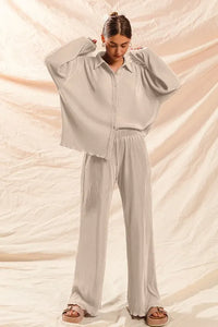 SO ME Pleated Shirt and Pants Set with Wavy Edge Details - Brittney MADE