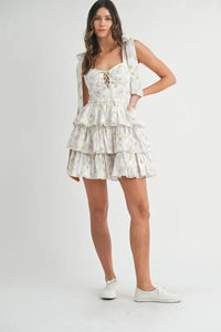 MABLE Floral Print Shoulder Tie Layered Mini Dress - Brittney MADE