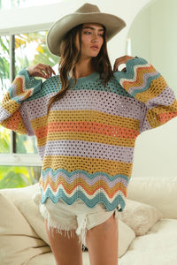 BiBi Wavy Hem Openwork Contrast Round Neck Sweater - Brittney MADE