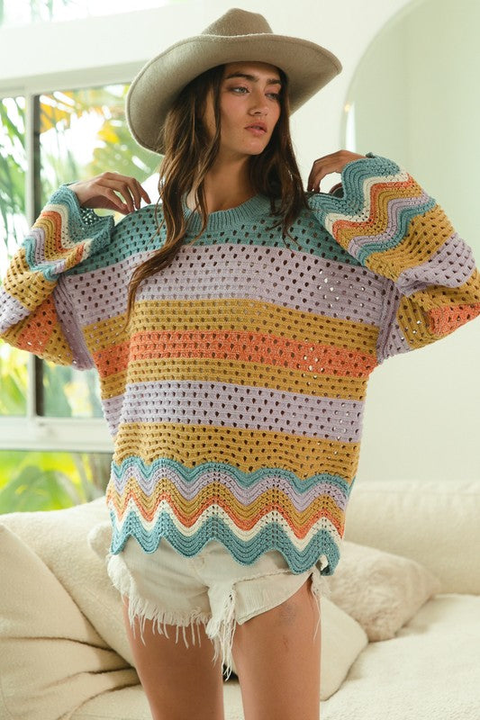 BiBi Wavy Hem Openwork Contrast Round Neck Sweater - Brittney MADE