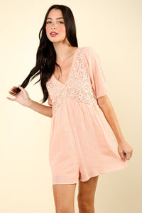 VERY J Lace Detail Puff Sleeve Romper with Pockets - Brittney MADE