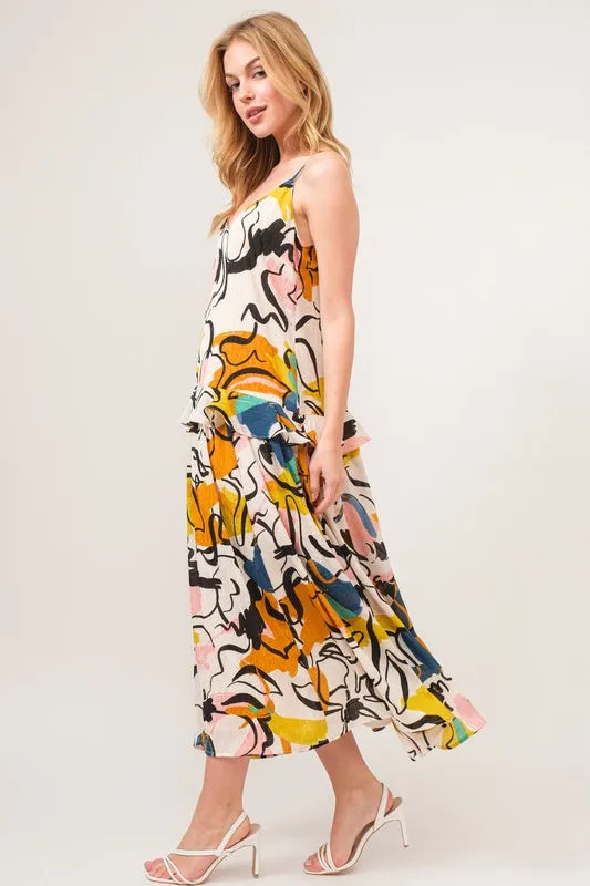 And The Why Ruffled Abstract Floral Printed Midi Cami Dress - Brittney MADE