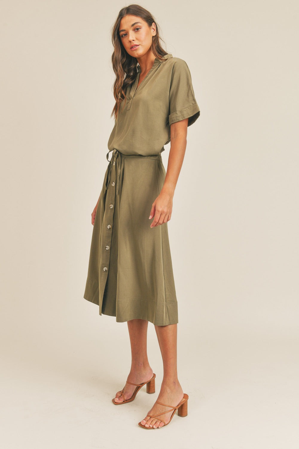 MABLE Short Sleeve Top and Button Down Midi Skirt Set - Brittney MADE