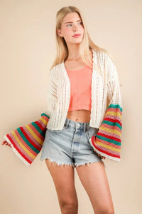 VERY J Color Block Bell Sleeve Openwork Cardigan - Brittney MADE