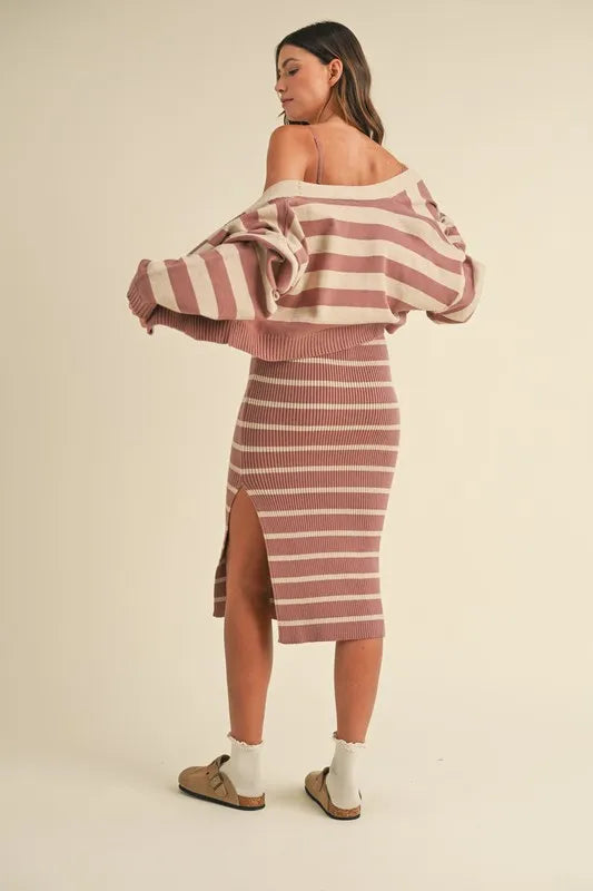 MABLE Stripe Crop Cardigan and Bodycon Dress Sweater Set - Brittney MADE