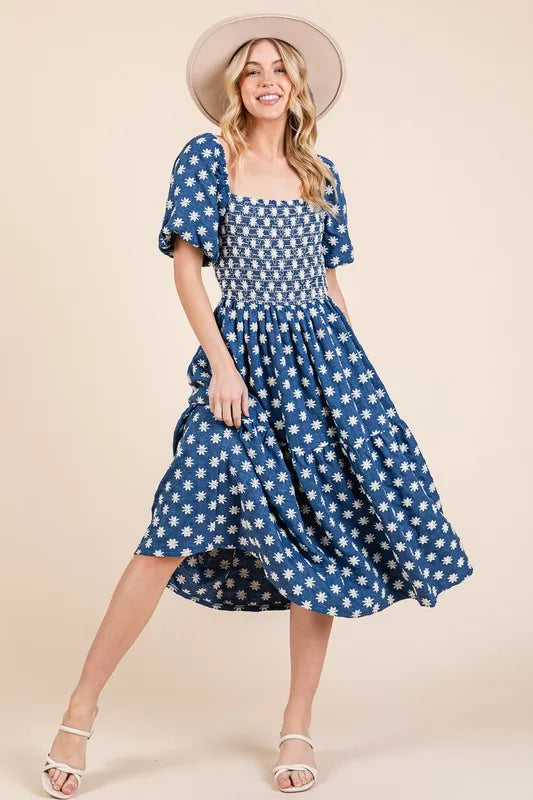 GeeGee Floral Embroidered Smocked Puff Sleeve Tiered Midi Dress - Brittney MADE