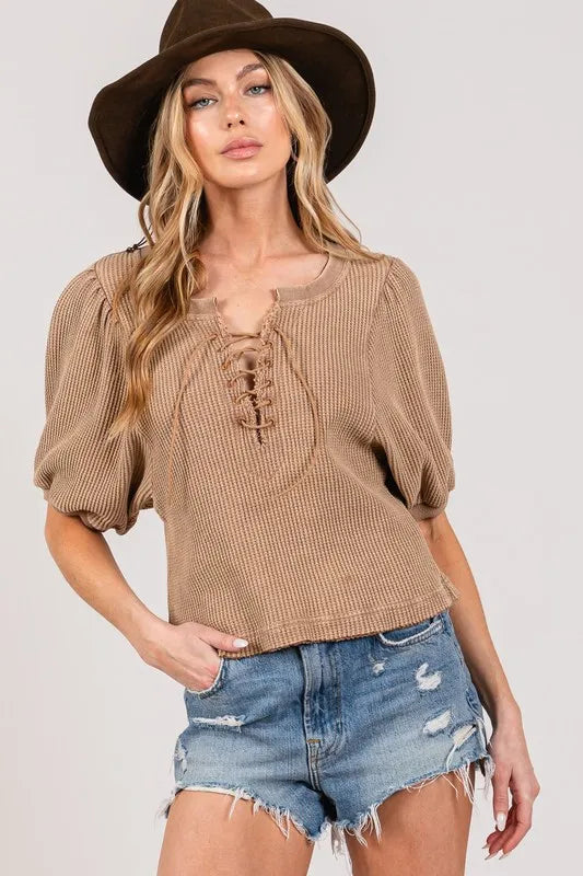 SAGE+FIG Lace-Up Waffle Knit Crop Top - Brittney MADE