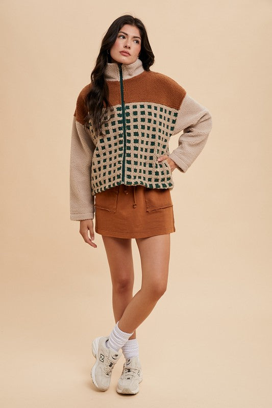 Annie Wear Plaid Zip Up Drop Shoulder Sherpa Jacket - Brittney MADE