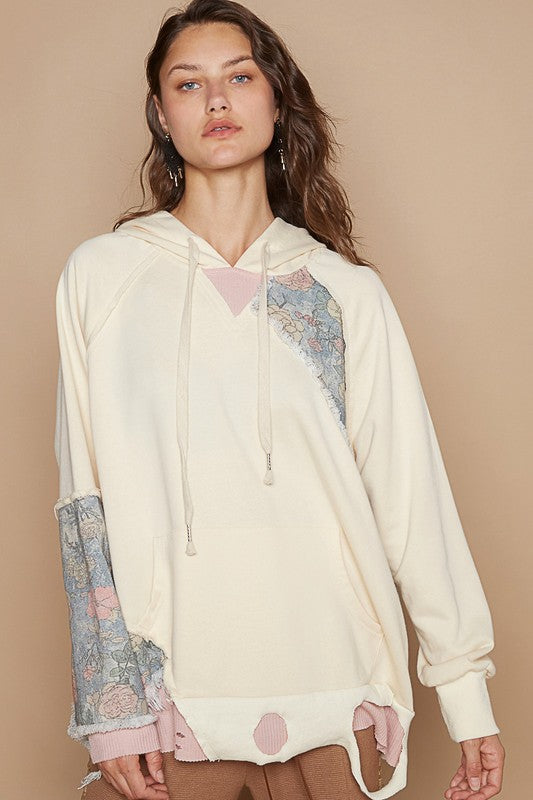 POL Floral Patchwork Distressed Drawstring Hoodie - Brittney MADE