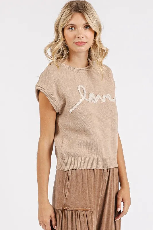Mittoshop Contrast Letter Round Neck Cap Sleeve Knit Top - Brittney MADE