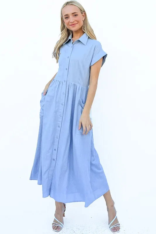 And The Why Cap Sleeve Front Pockets Shirt Dress - Brittney MADE