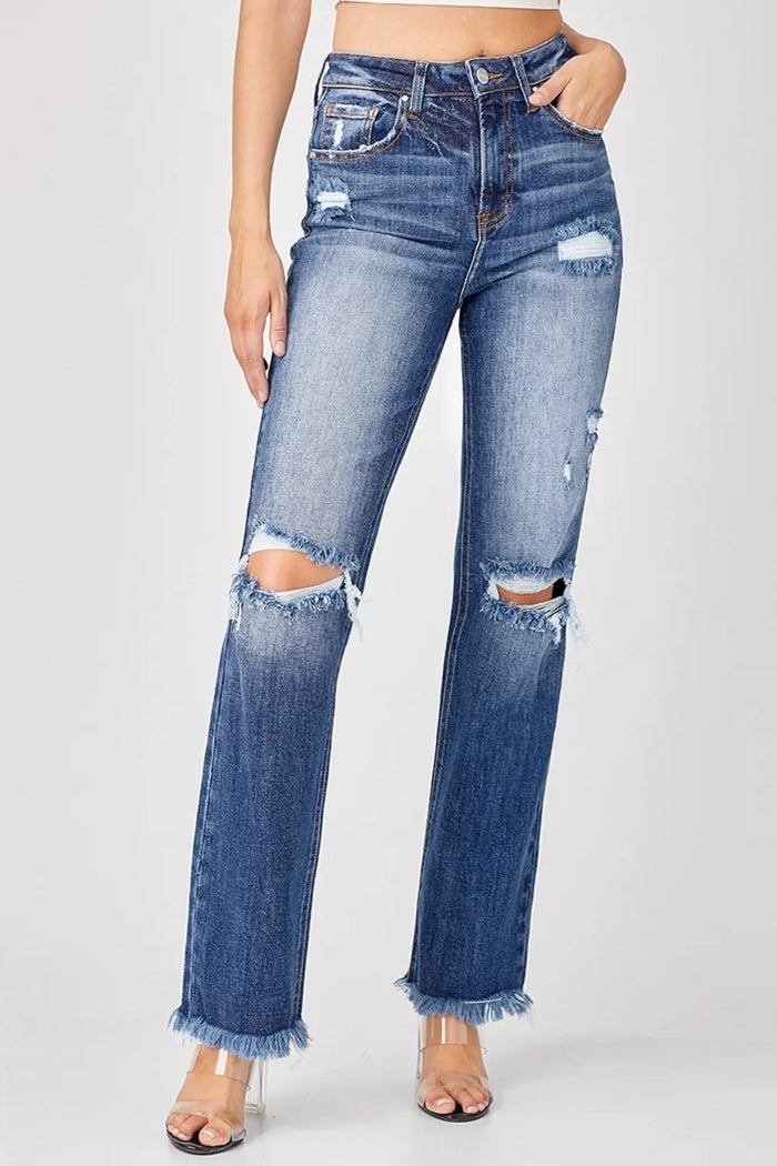 Risen Full Size Raw Hem Distressed Straight Jeans - Brittney MADE