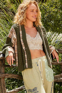 POL Cable-Knit Plaid V-Neck Button Up Cardigan - Brittney MADE