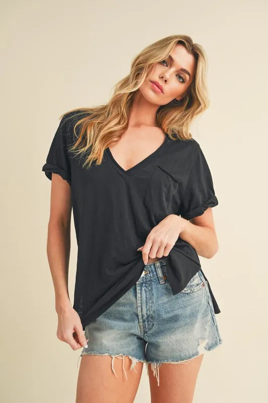 Aemi + Co Side Slit V-Neck Short Rolled Sleeve T-Shirt - Brittney MADE