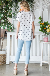 Heimish Full Size Star Print Short Sleeve V-Neck Waffle Knit T-Shirt - Brittney MADE