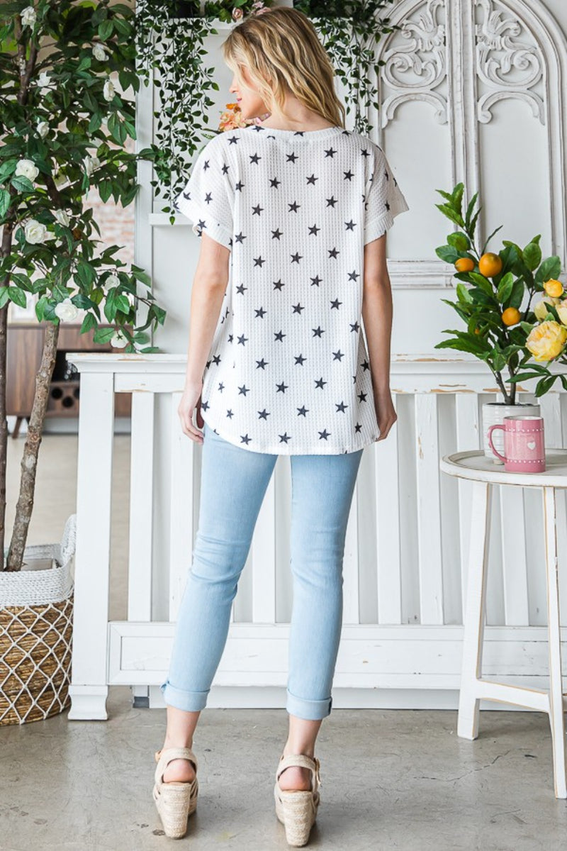 Heimish Full Size Star Print Short Sleeve V-Neck Waffle Knit T-Shirt - Brittney MADE