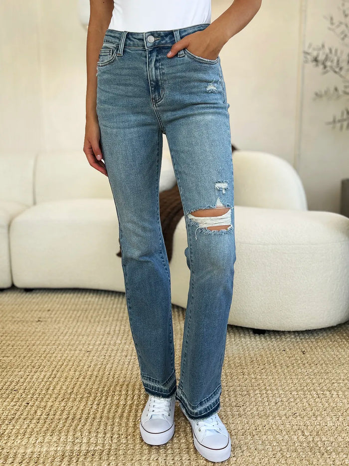 Judy Blue Full Size Mid Rise Destroyed Hem Distressed Jeans - Brittney MADE