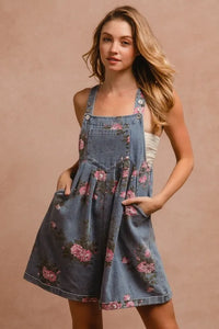 BiBi Flower Printed Wide Strap Denim Overalls - Brittney MADE