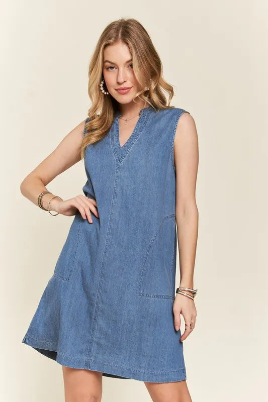 ADORA Notched Sleeveless Denim Dress with Pockets - Brittney MADE