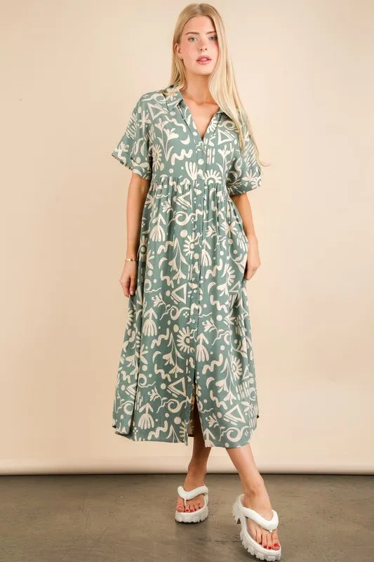 VERY J Oversized Printed Shirt Midi Dress - Brittney MADE