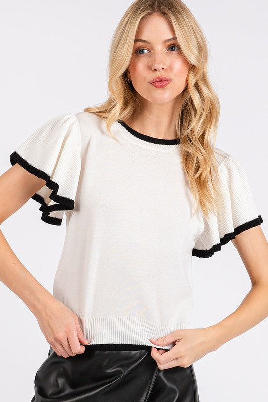 Mittoshop Contrast Trim Ruffled Cap Sleeve Knit Top - Brittney MADE